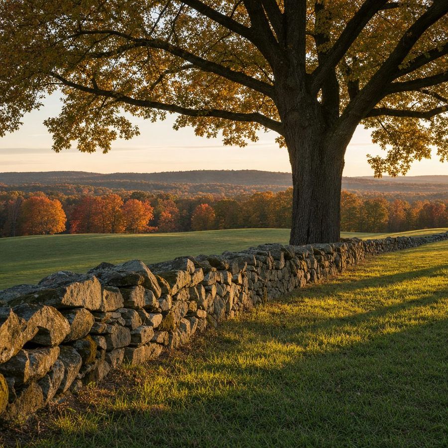 A long dry-laid stone wall crossing a New England field at golden hour