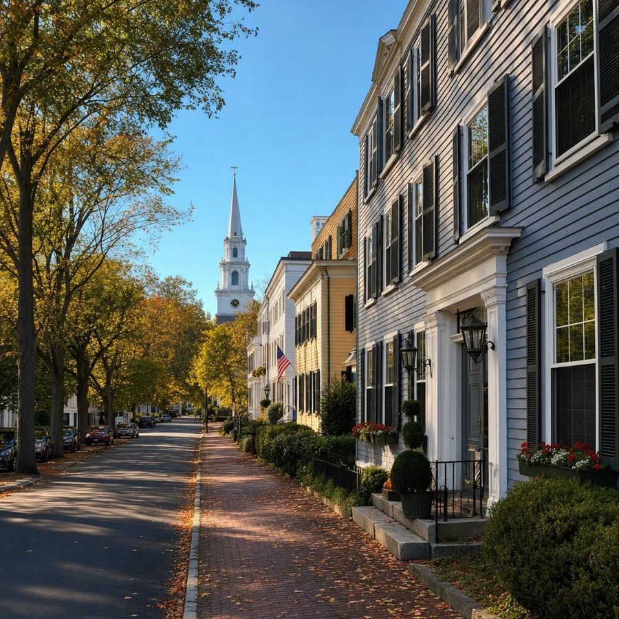 Multi-family homes on a tree-lined Connecticut town street