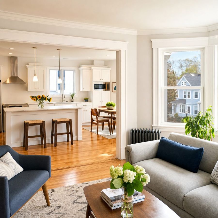 Sunlit renovated apartment interior in a New England three-family home