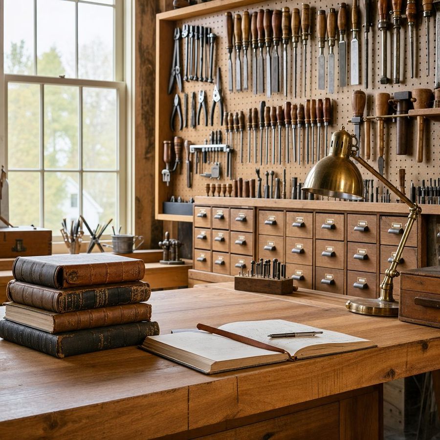 An organized craftsman workbench with tools and reference manuals in a bright New England workshop