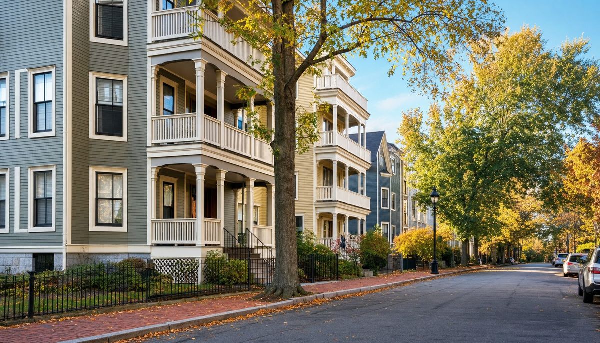 A street of classic New England triple-decker apartment houses in autumn