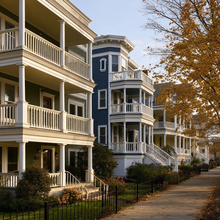 A row of classic Massachusetts triple-decker houses with stacked porches