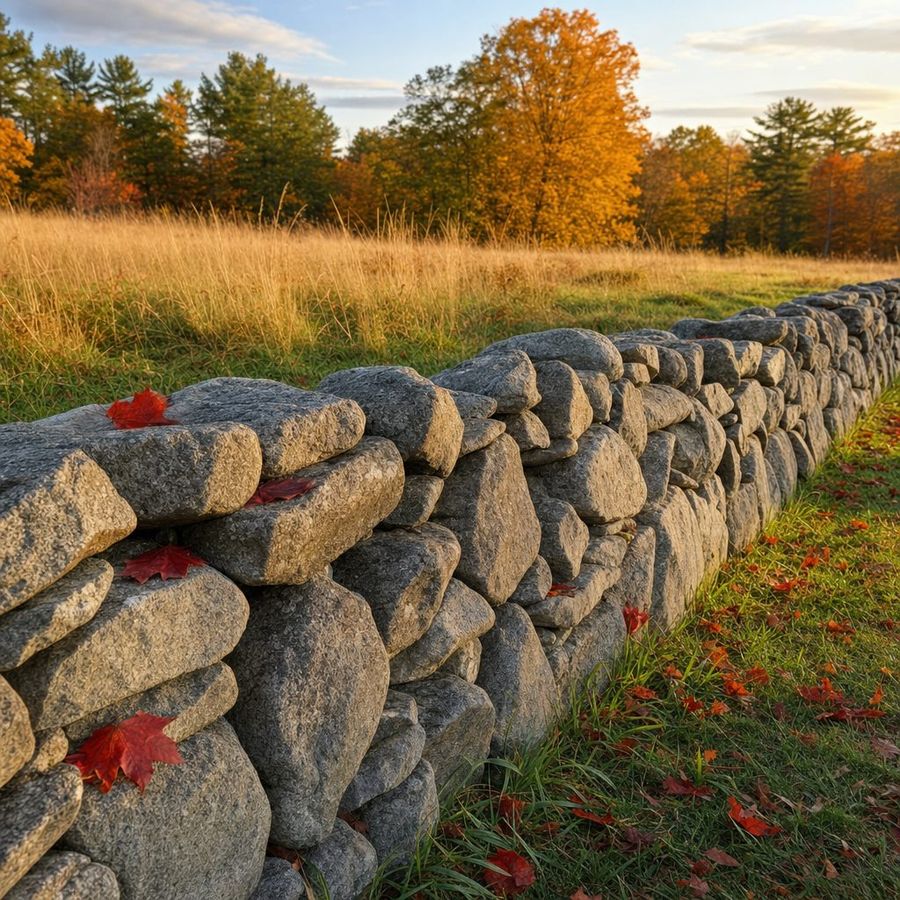 A dry-laid New England fieldstone wall beside an autumn meadow