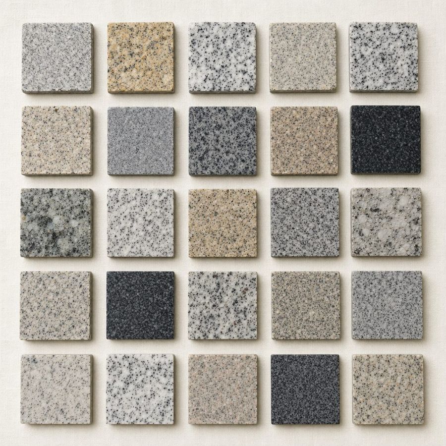 A precise grid of granite stone samples arranged in rows on a warm off-white surface