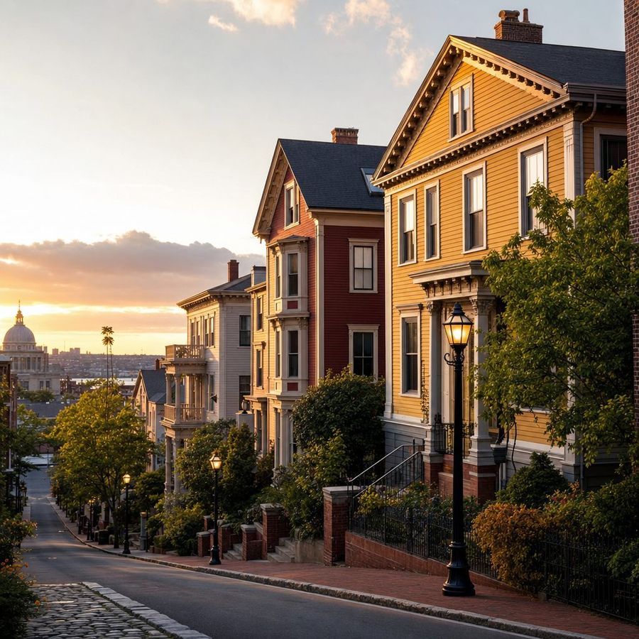 Historic multi-family homes on a Providence, Rhode Island hillside street